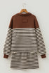 Striped Button Neck Long Sleeve Top Drawstring Mini Skirt Set