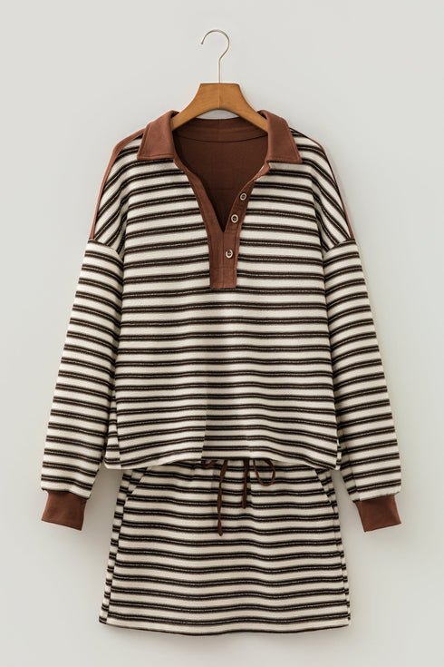 Striped Button Neck Long Sleeve Top Drawstring Mini Skirt Set