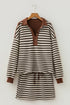 Striped Button Neck Long Sleeve Top Drawstring Mini Skirt Set