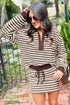 Striped Button Neck Long Sleeve Top Drawstring Mini Skirt Set