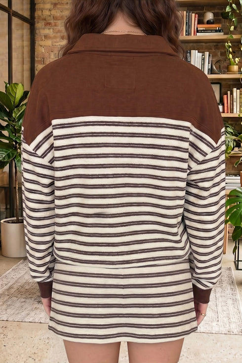 Striped Button Neck Long Sleeve Top Drawstring Mini Skirt Set