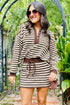 Striped Button Neck Long Sleeve Top Drawstring Mini Skirt Set