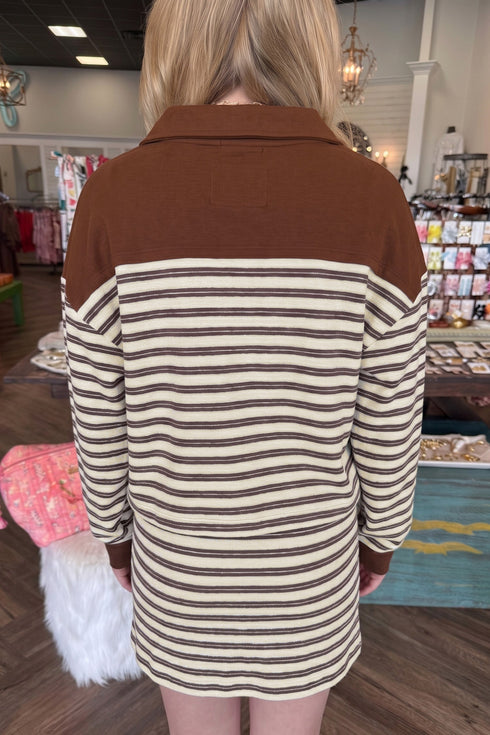Striped Button Neck Long Sleeve Top Drawstring Mini Skirt Set