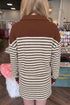 Striped Button Neck Long Sleeve Top Drawstring Mini Skirt Set