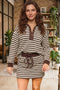 Striped Button Neck Long Sleeve Top Drawstring Mini Skirt Set