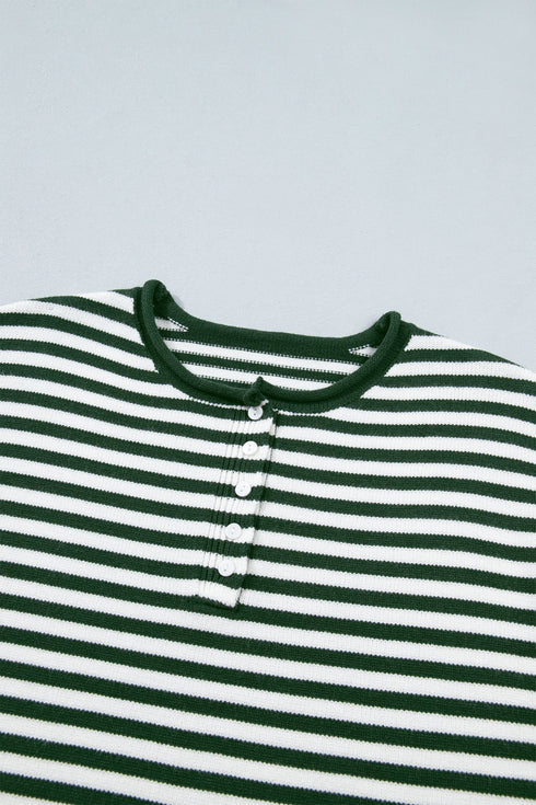 Striped Button Placket Drop Shoulder Long Sleeve Sweater
