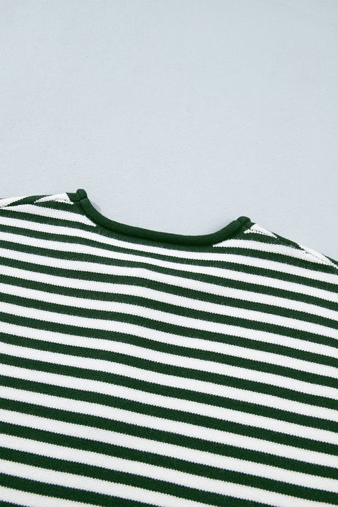 Striped Button Placket Drop Shoulder Long Sleeve Sweater