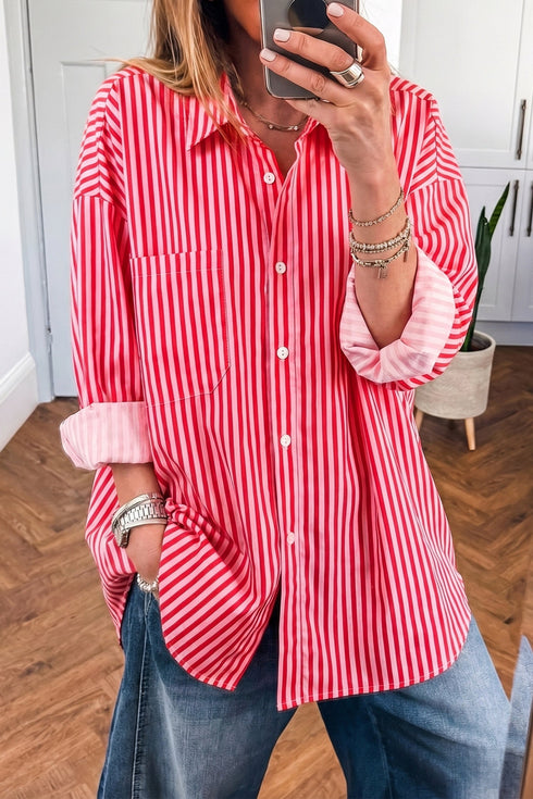 Striped Button Up Patch Pocket Long Sleeve Casual Shirt