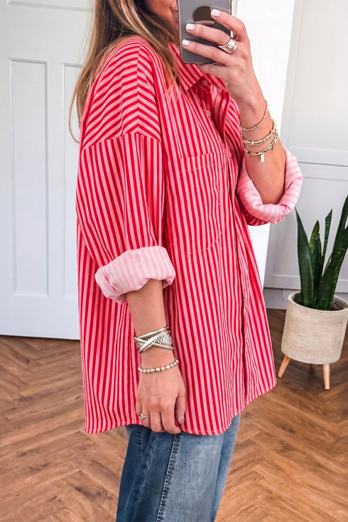 Striped Button Up Patch Pocket Long Sleeve Casual Shirt