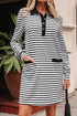 Striped Buttoned Front Collared Long Sleeve Pocket Mini Dress