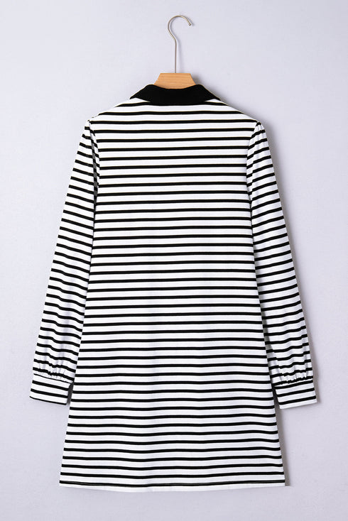 Striped Buttoned Front Collared Long Sleeve Pocket Mini Dress