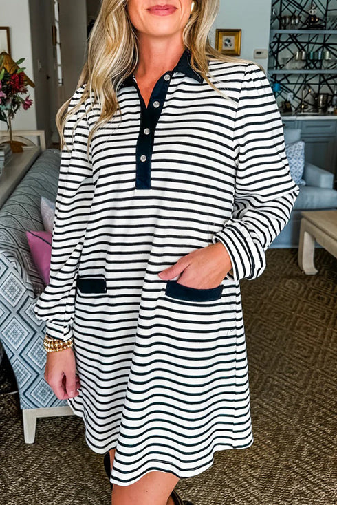Striped Buttoned Front Collared Long Sleeve Pocket Mini Dress