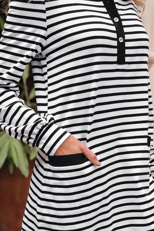 Striped Buttoned Front Collared Long Sleeve Pocket Mini Dress