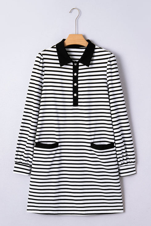 Striped Buttoned Front Collared Long Sleeve Pocket Mini Dress
