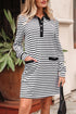 Striped Buttoned Front Collared Long Sleeve Pocket Mini Dress