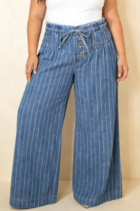 Striped Buttoned Loose Wide Leg Denim Pants