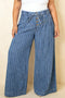 Striped Buttoned Loose Wide Leg Denim Pants
