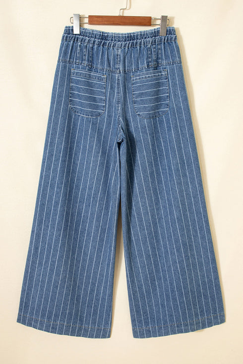 Striped Buttoned Loose Wide Leg Denim Pants