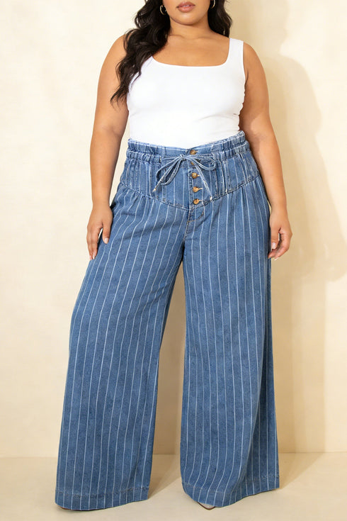 Striped Buttoned Loose Wide Leg Denim Pants