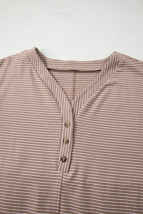 Striped Buttoned V Neck High Low Side Slit Shirt