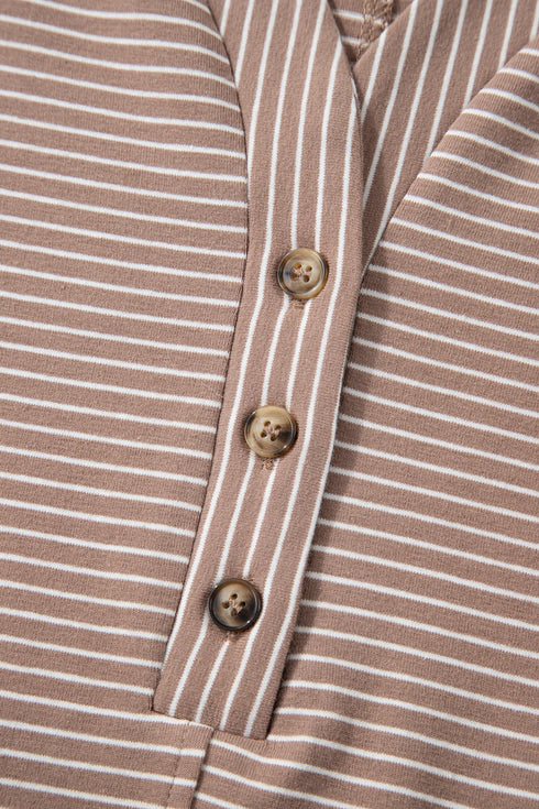 Striped Buttoned V Neck High Low Side Slit Shirt