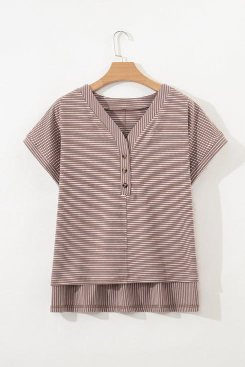 Striped Buttoned V Neck High Low Side Slit Shirt