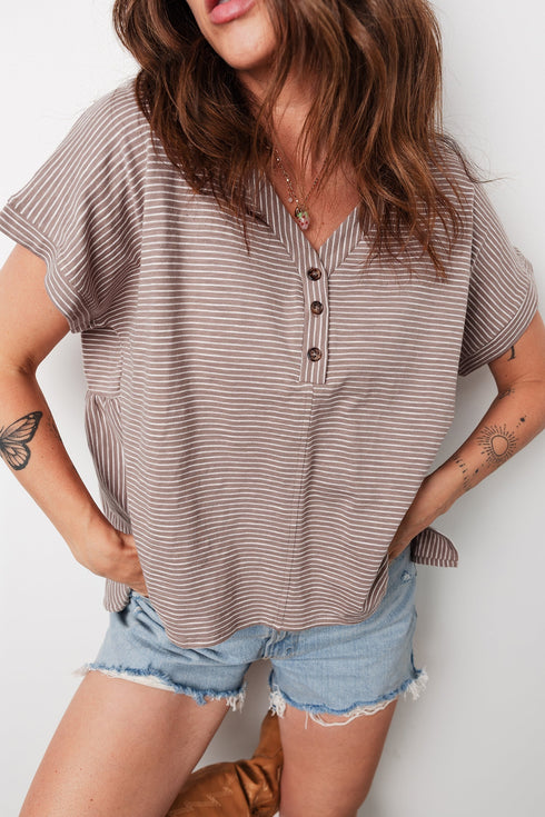 Striped Buttoned V Neck High Low Side Slit Shirt