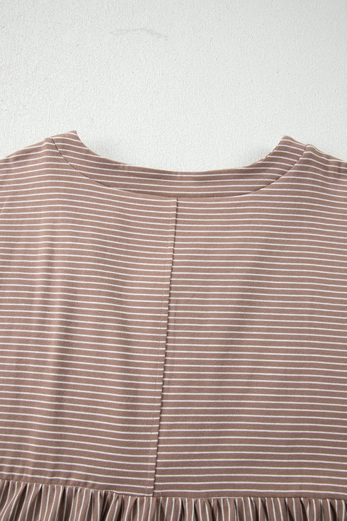 Striped Buttoned V Neck High Low Side Slit Shirt