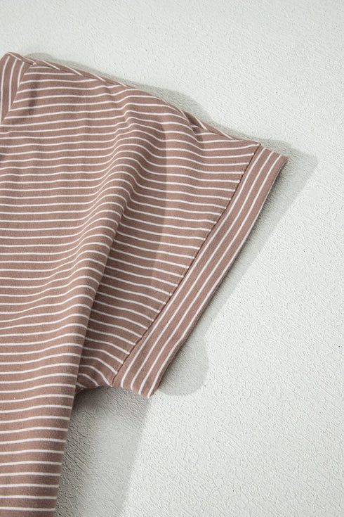 Striped Buttoned V Neck High Low Side Slit Shirt