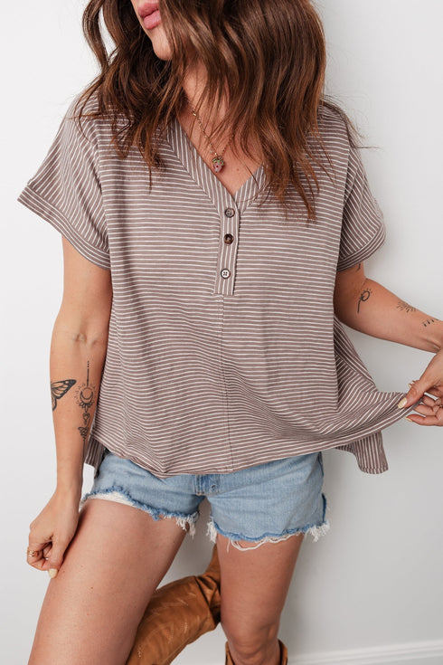 Striped Buttoned V Neck High Low Side Slit Shirt