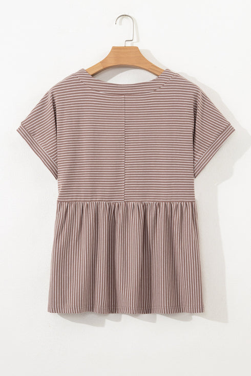 Striped Buttoned V Neck High Low Side Slit Shirt