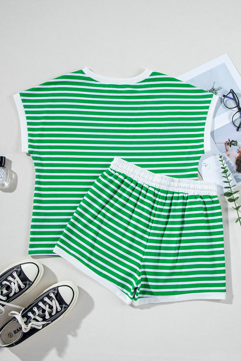 Striped Cap Sleeve Contrast Trim Casual Short Set