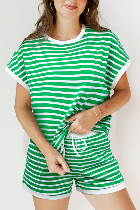 Striped Cap Sleeve Contrast Trim Casual Short Set