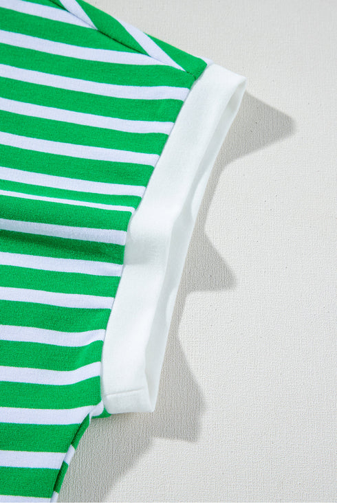 Striped Cap Sleeve Contrast Trim Casual Short Set