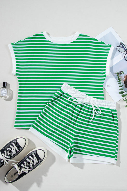 Striped Cap Sleeve Contrast Trim Casual Short Set