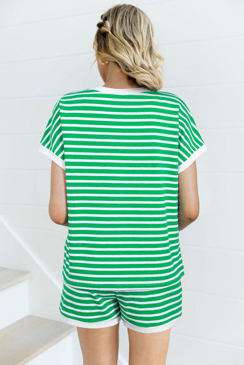 Striped Cap Sleeve Contrast Trim Casual Short Set