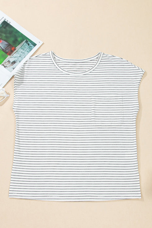 Striped Cap Sleeve Crew Neck Casual Tee with Chest Pocket