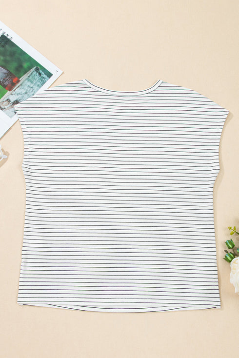 Striped Cap Sleeve Crew Neck Casual Tee with Chest Pocket