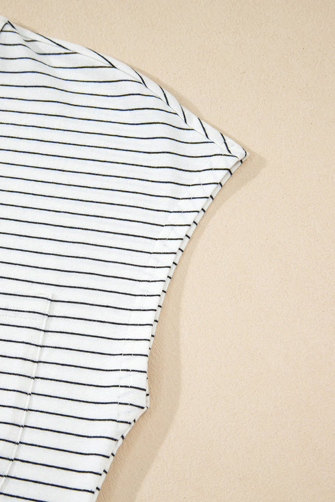 Striped Cap Sleeve Crew Neck Casual Tee with Chest Pocket