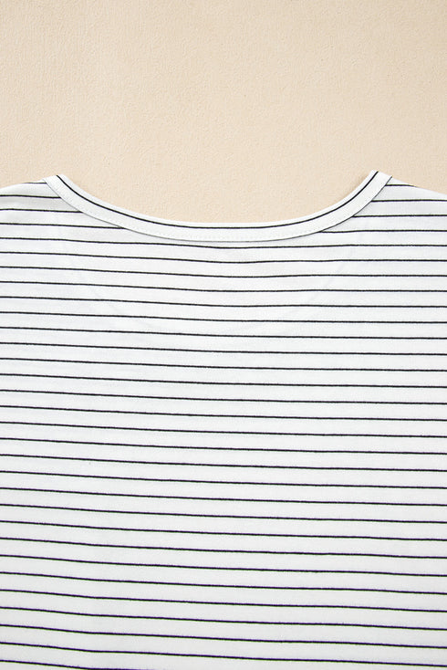 Striped Cap Sleeve Crew Neck Casual Tee with Chest Pocket