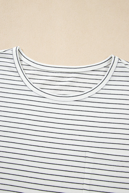 Striped Cap Sleeve Crew Neck Casual Tee with Chest Pocket