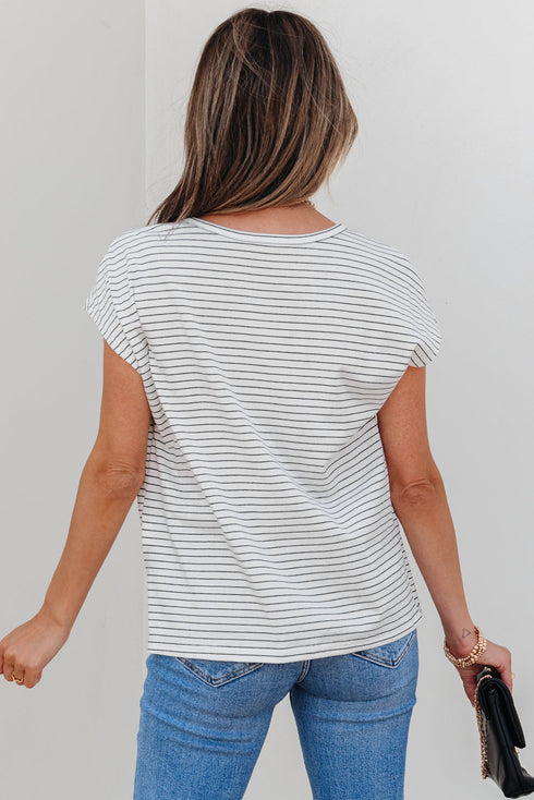 Striped Cap Sleeve Crew Neck Casual Tee with Chest Pocket