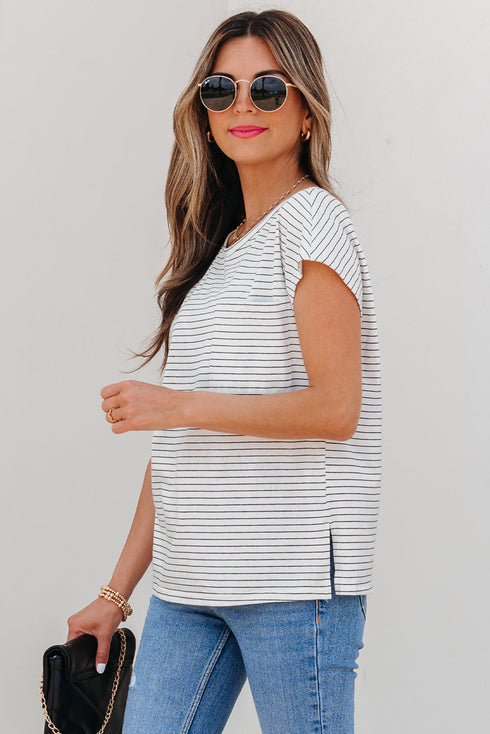 Striped Cap Sleeve Crew Neck Casual Tee with Chest Pocket