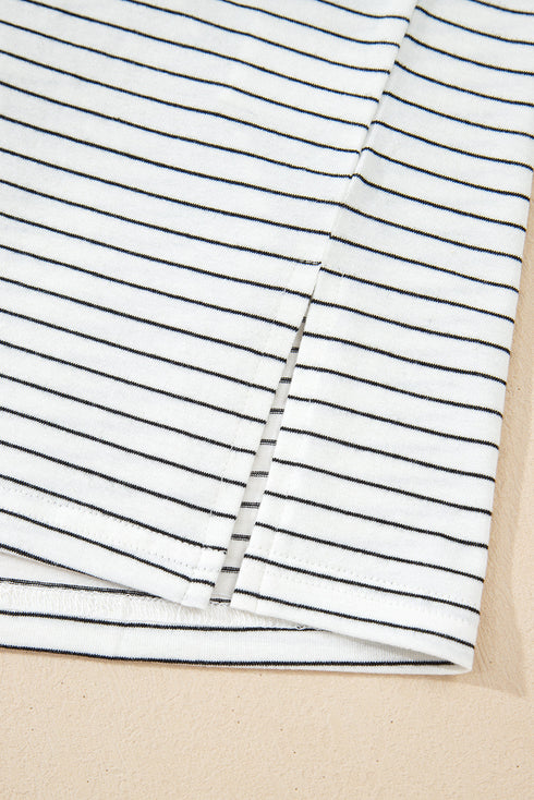 Striped Cap Sleeve Crew Neck Casual Tee with Chest Pocket