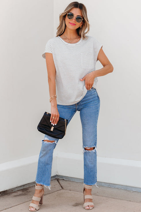 Striped Cap Sleeve Crew Neck Casual Tee with Chest Pocket