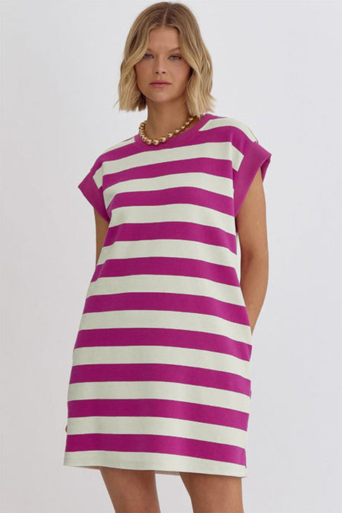 Striped Cap Sleeve Relaxed Fit Casual T-Shirt Dress