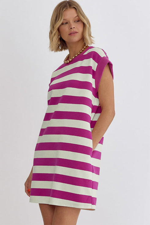 Striped Cap Sleeve Relaxed Fit Casual T-Shirt Dress