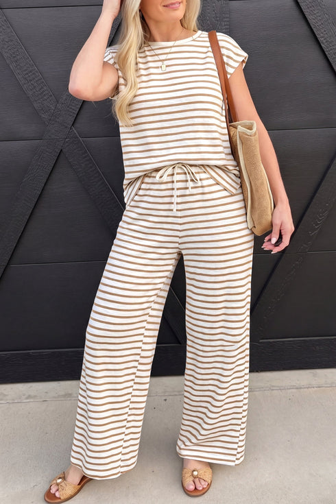 Striped Cap Sleeve Tee Drawstring Shift Pant Sets