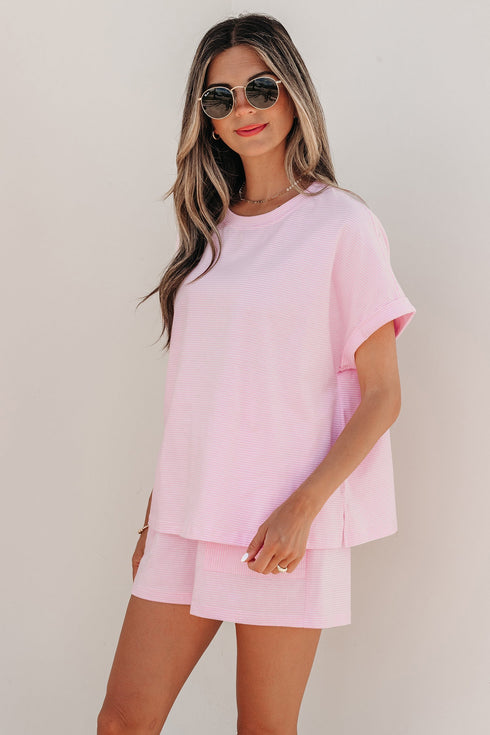 Striped Casual Relaxed Tee And Drawstring Short Set