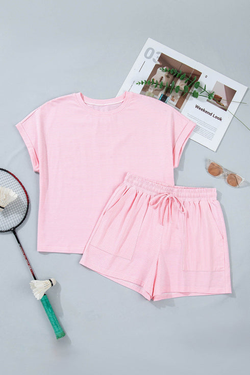 Striped Casual Relaxed Tee And Drawstring Short Set